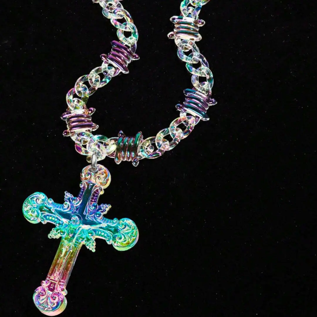 Fashionable Hip-Hop Transparent Acrylic Thorn Chain Large Jesus Cross Pendant Necklace For Men