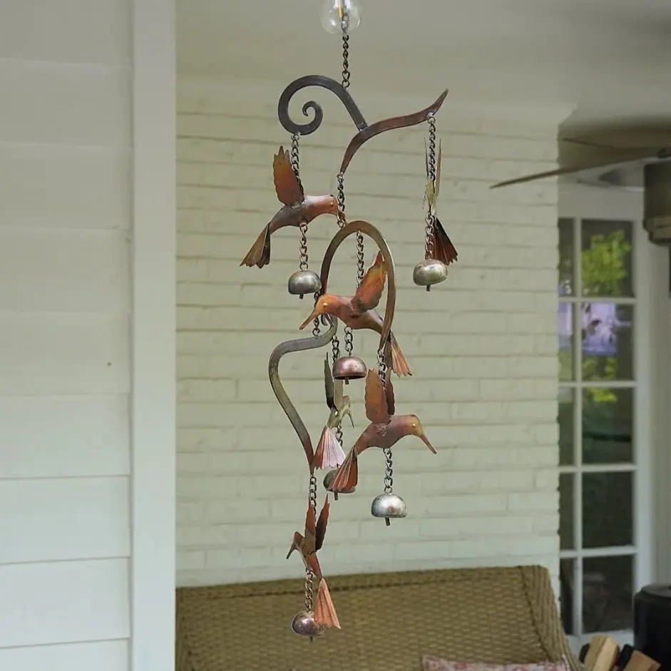 Vintage Scrollwork Metal Hummingbird Wind Chimes Outdoor | Copper Iron Hanging Bird Windbell Mobile Decoration | Weatherproof Chime with Bells for Garden Porch Patio Backyard Tree Window Accent | Whimsical  Cottagecore Aesthetic Gift Ideas for Bird Lover