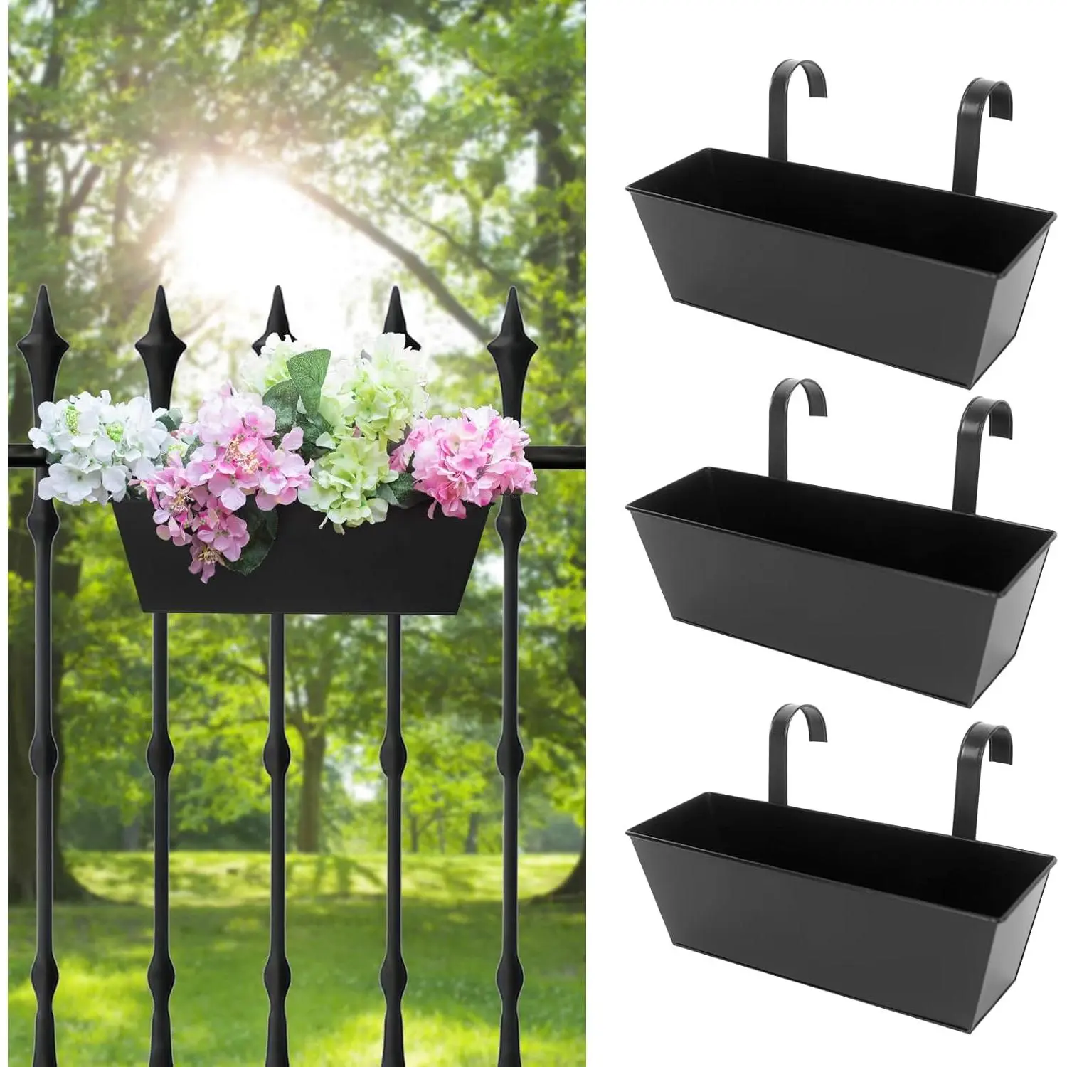 Black 3pcs 16-Inch Outdoor Over-The-Railing Hanging Planter Boxes for Balcony Gardening, Deck Fence Flower Pots & Planters (Home Supplies)
