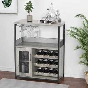 Garvee - Wine Cabinet with Large Storage Space and Removable Shelf, Industrial Sideboard and Buffet Cabinet with Glass Support and Mesh Door, Gray Color
