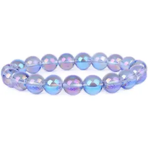 Metallic Rainbow Coated Clear Quartz Gemstone 10mm Round Beads Stretch Bracelet 7" Unisex