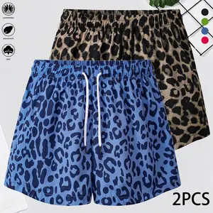Women’s leopard print shorts, two-pack, drawstring design—ideal for park walks, family outings, and outdoor activities; suitable for everyday wear; spring/summer casual wear; stylish summer shorts; recommended women’s summer shorts.