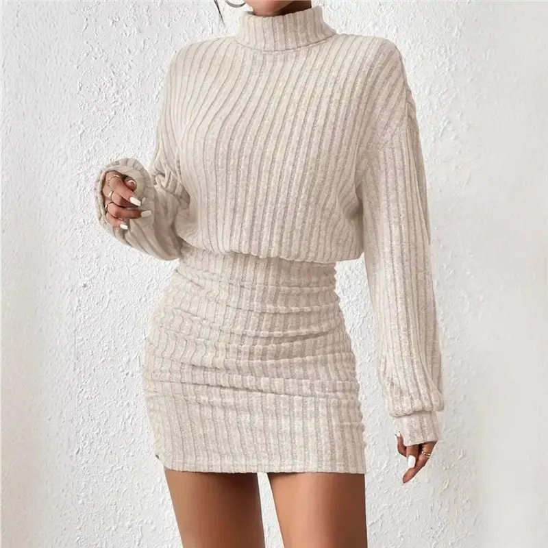 Casual High Neck Ribbed Sweater Dress for Women, Solid Drop Shoulder Long Sleeve Short Length Dress for Fall Winter, Casual Wear, Dress Casual