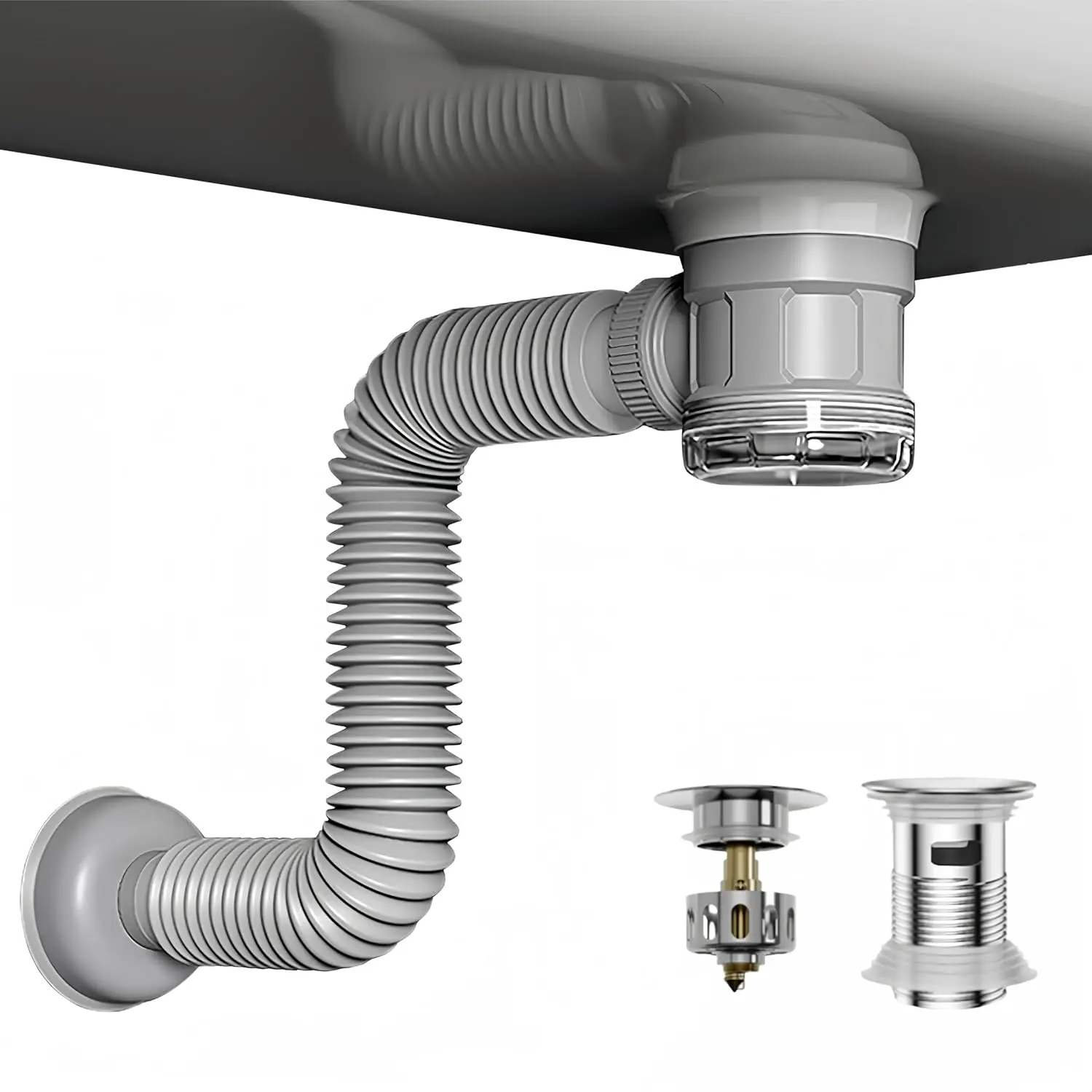 Bathroom Sink Drain Kit with Flexible Expandable Pipe: Odor-Free & Backflow-Preventing, Space-Saving Design without a P-, For 1-1/4'' & 1-1/2'' Drain Hole (Chrome, With Overflow)