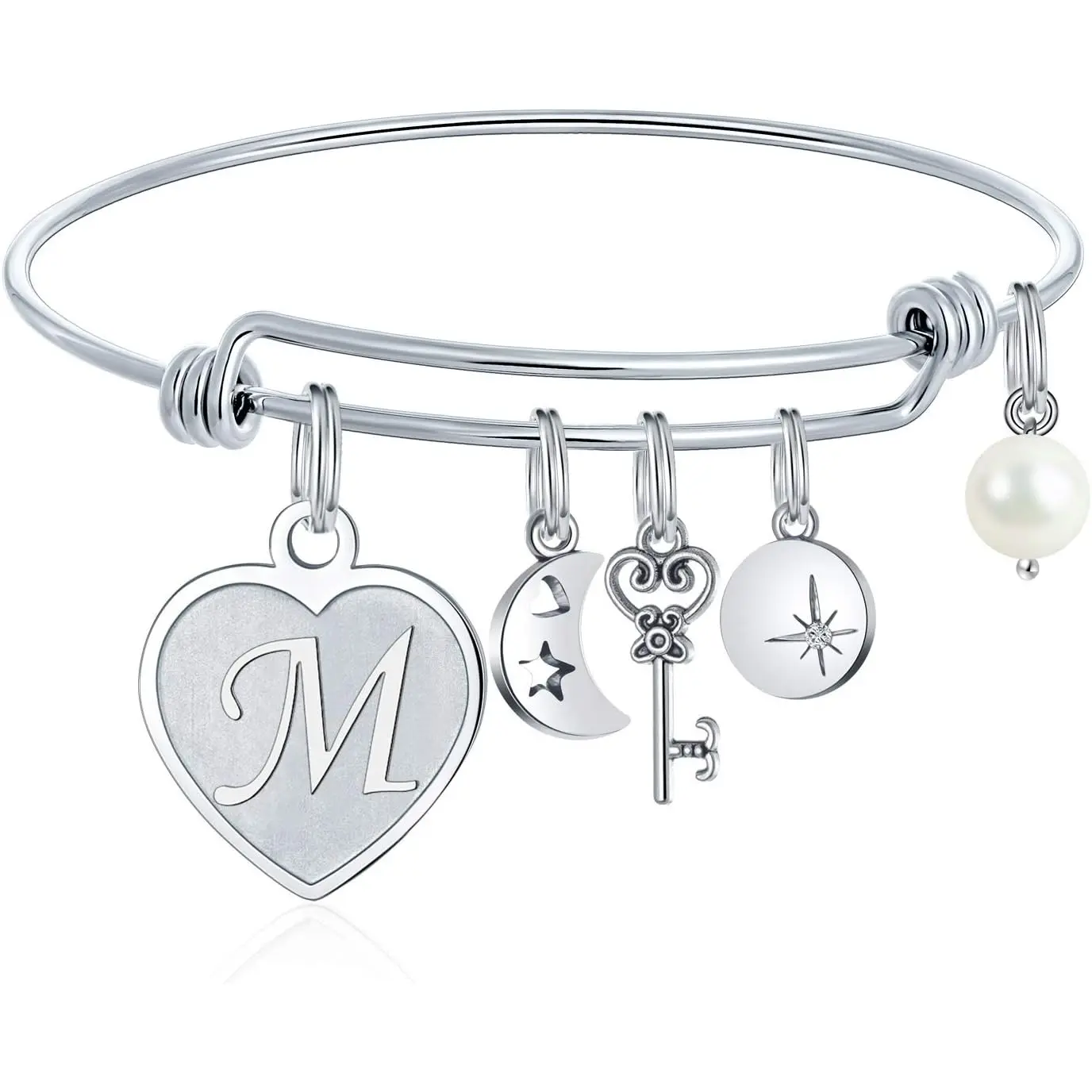 M MOOHAM Initial Charm Bracelets for Women Gifts - Engraved 26 Letters Initial Charms Bracelet Stainless Steel Bangle Bracelet Birthday Christmas Jewelry Gift for Women Teen Girls M MOOHAM