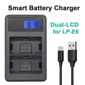 LP-E6 dual slot camera battery charger, LCD display, camera battery charger for Canon EOS 90D, 80D, 70D, 60D, 60DA, 7D Mark II, 7D, 6D Mark II, 6D, 5D Mark IV, 5D Mark III, 5D Mark II, 5DS, 5DS R, R5, R6 SLR cameras (battery not included)