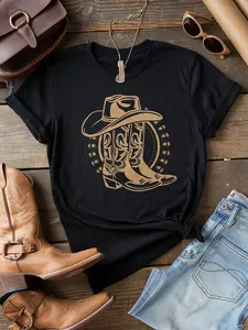 Women'S Casual Black Washed T-Shirt with Western Cowboy Boot & Hat Print - Loose Fit, Round Neck, Short Sleeve, Stretch Blend, Perfect for Spring/Summer, Western T Shirts