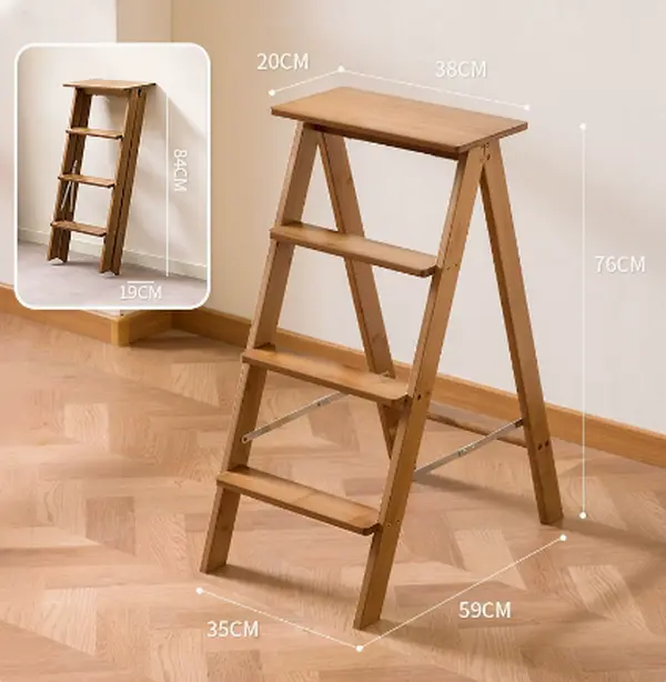 Step Stool for Adults/Step Ladder/Counter Chair 4-Step Folding Portable Wooden Step Stool, Anti-Slip & Lightweight (Nut - Brown)