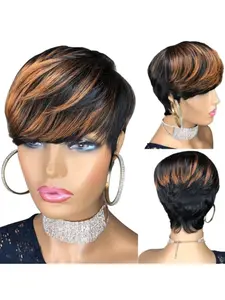 Natural Short Bob Pixie Cut Wigs for Women, Straight 1b30 Colored Human Hair with Bangs, Stylish & Versatile Daily Wear Wig, Pre Cut Wigs
