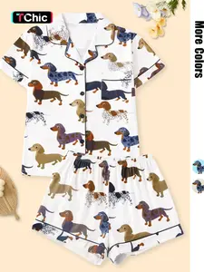 Women's Cartoon Dog Print Short Sleeve Matching Pajamas Two-piece Set, Casual Comfy Lapel Neck Button Design Pj Set for Daily Home Wear, Ladies Sleepwear for All Seasons, Loungewear,  Pastel Cute Pajamas, Breathable Stylish Pajama, Cute Pajama Sets