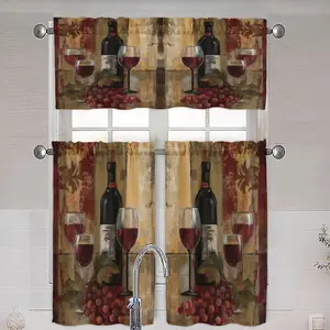 JIT 1PC/2PCS/3PCS linen printed curtains, vintage style with oil-painting textured red wine glasses and grapes, semi-transparent rod-pocket type, 195G fabric texture, suitable for kitchens and bedrooms, adding a warmer atmosphere to your home.