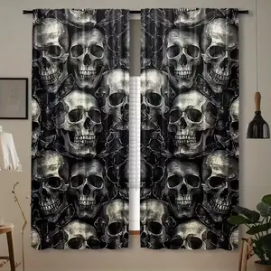 Modern Skull Pattern Curtains, Polyester Spring Panel, Rod Pocket Hanging, Semi-Transparent Embossed Drapes, Home Decor, Window Curtain, Home Decoration Curtain