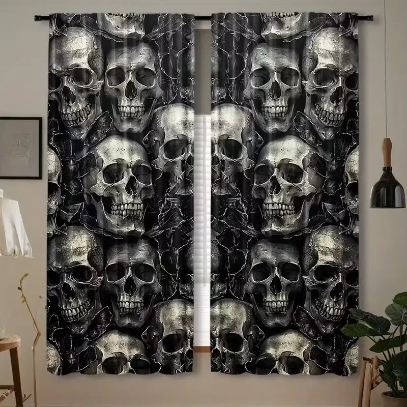 Modern Skull Pattern Curtains, Polyester Spring Panel, Rod Pocket Hanging, Semi-Transparent Embossed Drapes, Home Decor, Window Curtain, Home Decoration Curtain
