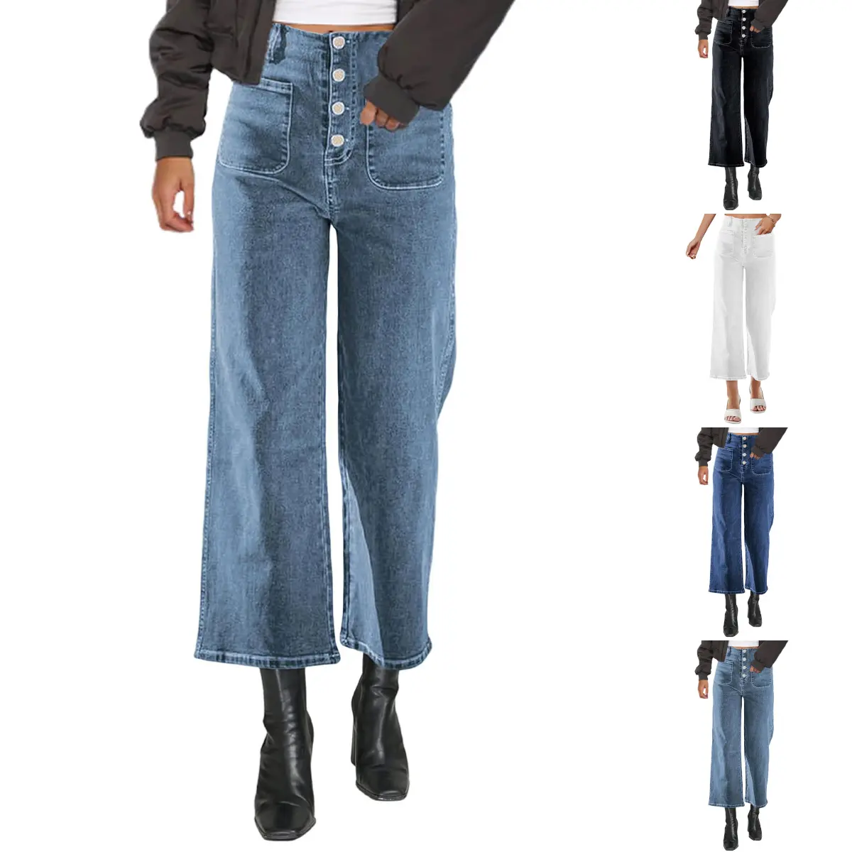 Tanming Women's High-Waisted Straight Wide-Leg Jeans, Stretchy Denim Casual Streetwear Pants with Pockets for Work, Minimalist, Trouser