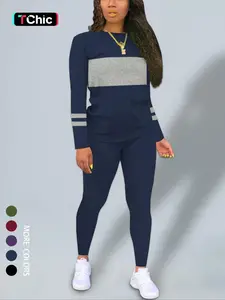 Women's Fall New Colorblock Round Neck Long Sleeve Top & Skinny Pants Set, Casual Two-Piece, Comfortable Fashion Clothing