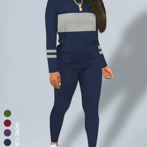 Women's Fall New Colorblock Round Neck Long Sleeve Top & Skinny Pants Set, Casual Two-Piece, Comfortable Fashion Clothing, Casual Fitted Set