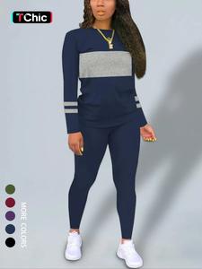 women's fall new colorblock round neck long sleeve top & skinny pants set, casual two-piece, comfortable fashion clothing, spring womenswear