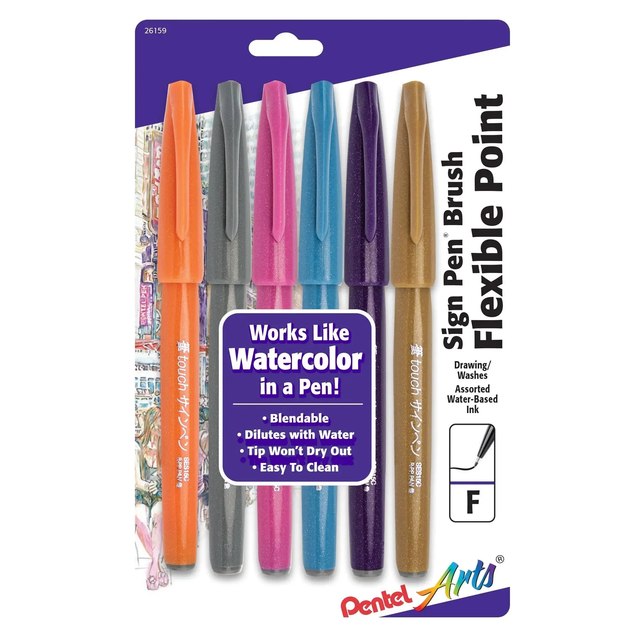 Pentel Arts Sign Pen Brush Tip, Assorted Color Packs, 6-Pk