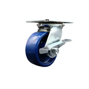 Heavy Duty Large Top Plate Solid Polyurethane Swivel Caster w/Main. Free Bearings and 5" x 2" Blue Wheel & Side Lck Brake - 1000 lbs Capacity/Caster - Service Caster Brand