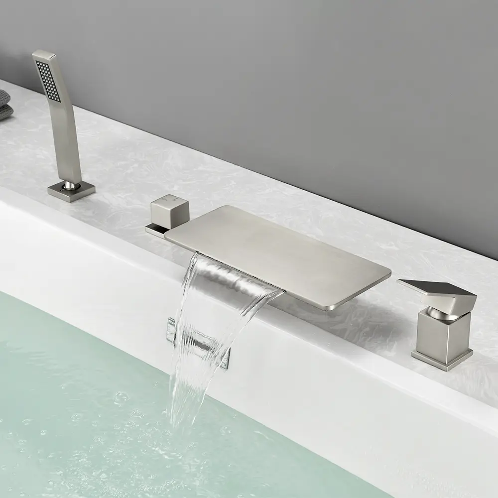 Waterfall Roman Tub Faucet with Handheld Shower, 4-Hole Deck Mount Bathtub Filler, Single Handle Control, cUPC Certified Valve & Hoses