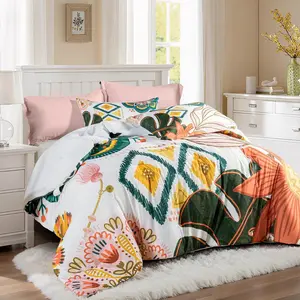 Boho Floral Queen Comforter Set - 3 Piece Farmhouse Botanical Bedding Comforter Sets for All Season Soft Lightweight Mid Century Bed Set, (1 Reversible Comforter and 2 Pillow Shams