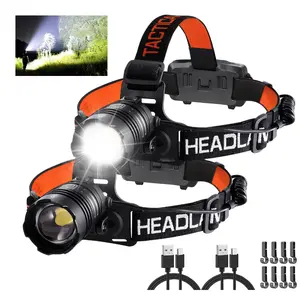 Headlamp Rechargeable 2Pack, Head lamps led rechargeable, Adjustable Focus Headlight Outdoor, 4Mode Head Lights for Forehead, 90°Angle LED Headlamp, Waterproof Headlamps for Adults Camping Hard Hat