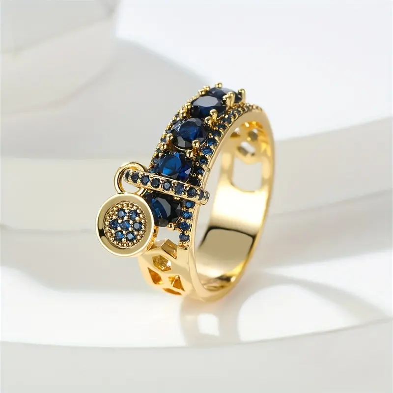 Vintage Sapphire Engagement Ring - Golden-Plated Alloy Round Gold Ring, Luxury Fashion Accessory Gift for Enthusiasts, Gold Rings, Vintage Engagement Ring