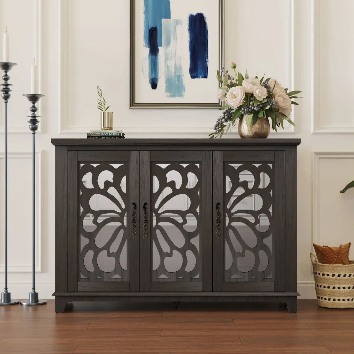 Brown Architectural Vintage 3-Door MDF Wood Buffet Cabinet - Acrylic Mirror Doors, Adjustable Shelves, Tip-Over Protection, Easy Setup, 49.33" Wide, Apartment-Size, Indoor Cutouts Sideboard for Kitchen, Living Room (Assembly Required)
