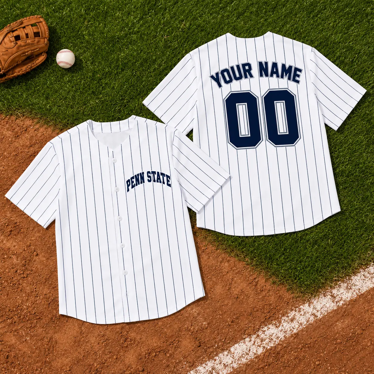 Custom Penn State Baseball Jersey Personalized Name Number White Pinstripe Button Down Jersey College Inspired Fan Shirt Game Day Uniform Breathable Athletic Apparel Unisex Gift For Baseball Fans