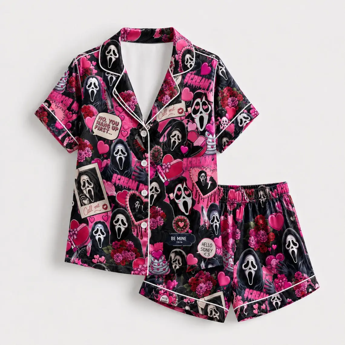 Ghostface Satin Pajama Set – Valentine’s Day Horror Inspired Sleepwear, Cute Spooky Gothic Pajamas