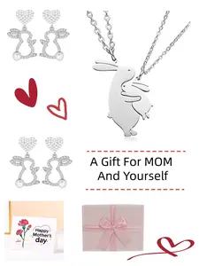 Easter Mother's Day Women's Easter Bunny Earrings Necklace Set, Cute Rabbit Heart Pendant Jewelry, Spring Accessory Gift