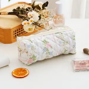 Viral Aesthetic Quilted Floral Organizer Bag - Large Capacity Makeup & Pencil Case, Soft Cute Cosmetic Pouch for Travel, School & Everyday Use
