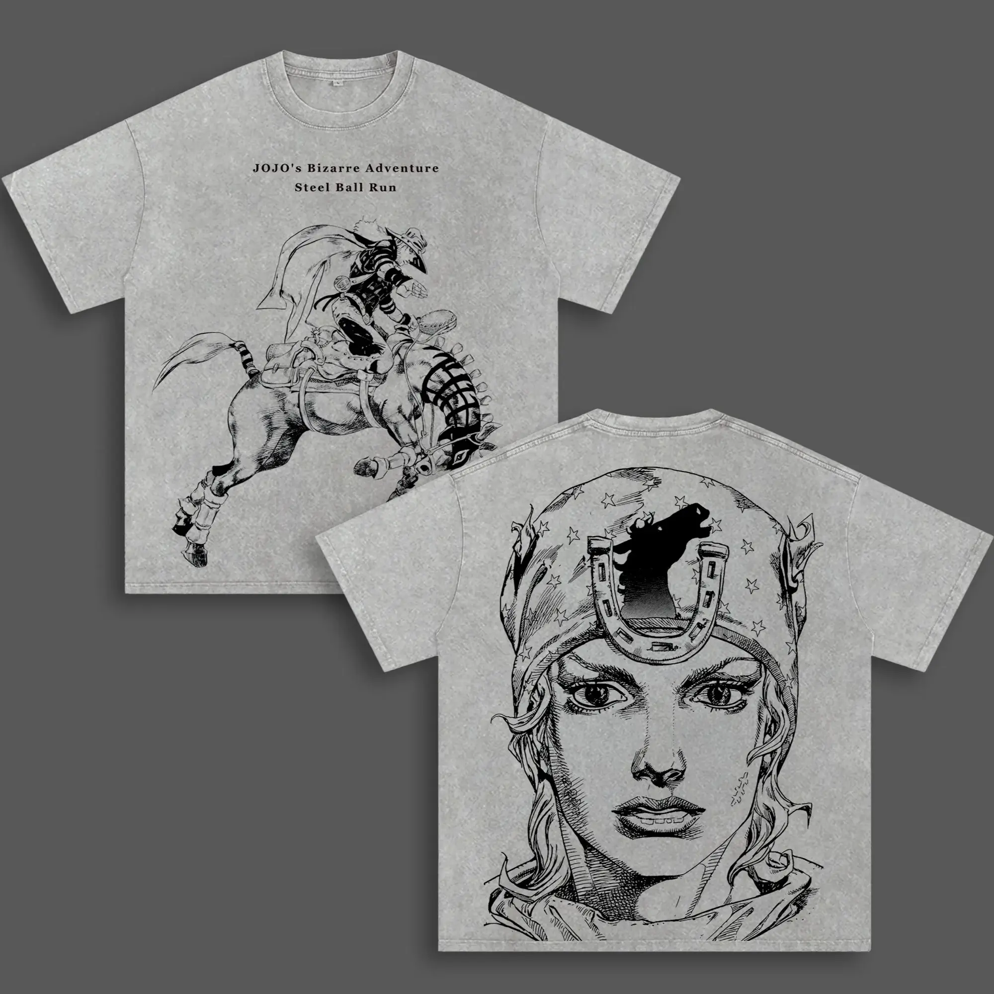 JoJo's Bizarre Adventure: Steel Ball Run Vintage Washed Graphic Tee - Double-Sided Print, Unisex Oversized Heavyweight Cotton Anime Manga T-Shirt