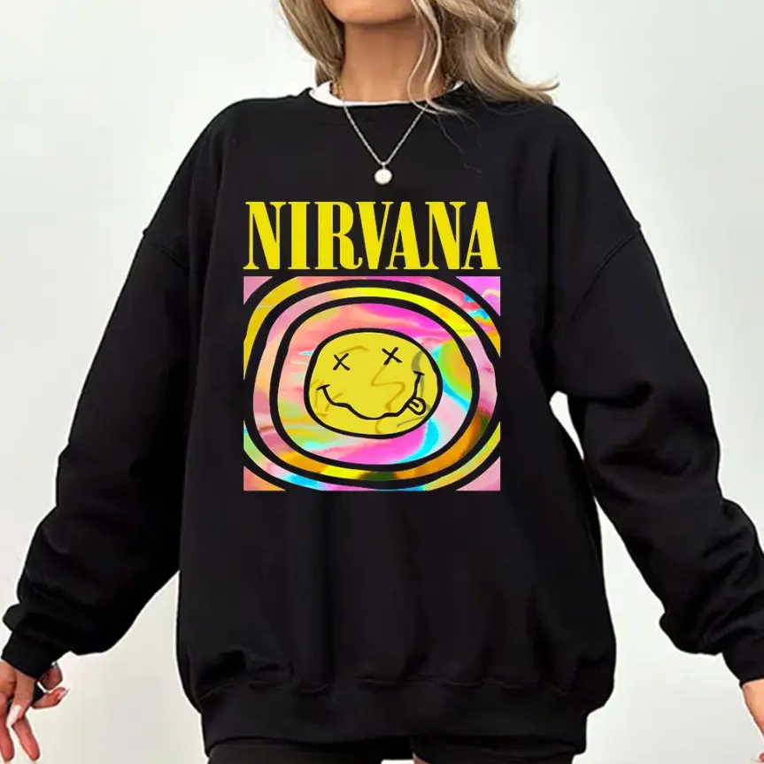 Nirvana Smiley Face casual Nirvana Preppy 90’s Utero Nirvana Tour Album Unisex Hot Pink Vintage Rock Band Oversized Merch Shirt Sweater Blue Smiley Graphic Tee Face Crewneck Sweatshirt Hoodie Classic T-shirt Clothing Comfort Cotton