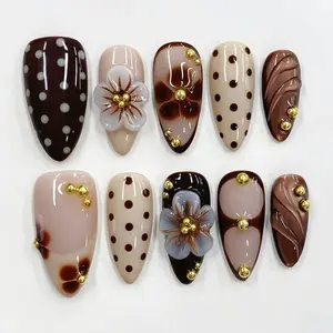 Brown Floral Press On Nails, Nude Coffee Almond Nails, 3D Flower Polka Dot Nail Art, Luxury Glossy Acrylic Nails, Elegant Trendy Nails