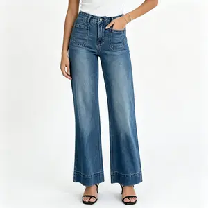 Sidefeel Women's Wide Leg Jeans High Waisted Tummy Control Stretchy Pockets Front Straight Leg Indigo Jeans for Everyday Wear Casual Bottoms Comfortable Fit - Womenswear