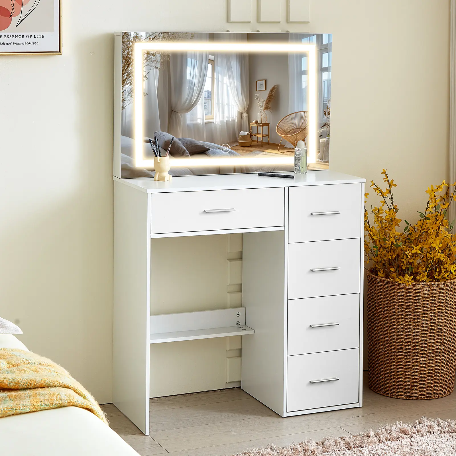 White Makeup Vanity Desk with LED Lighted Mirror, 11 Bulbs, 4 Drawers, 3 Color Modes, Modern Dressing Table for Bedroom