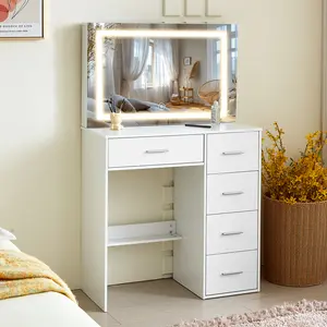Vanity Desk with Large Mirror and Lights,Dressing Table Set with Drawer for Bedroom,3 Lighting Modes,Brightness Adjustable,White