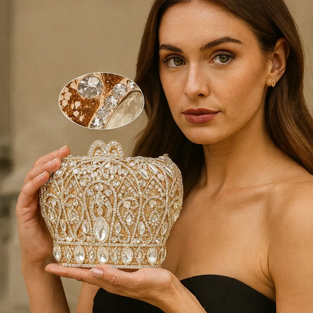 Women's Luxury Crown Shaped Crystal Evening Clutch with Elegant Rhinestones Party Handbag and Purse for Stylish Events