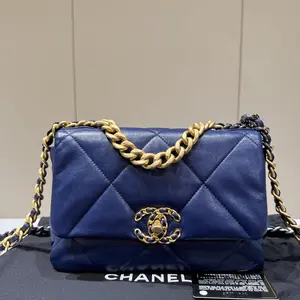 Pre-owned CHANEL leather Shoulder Bags 19 Bag — Small, Dark Blue Quilted Lambskin, Gold Clasp, Gold & Silver Chain 22353218