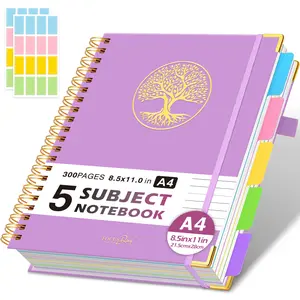 5 Subject Notebook College Ruled with Removable Dividers Tabs, 8.5"x11", A4 Large Lined Spiral Journal Notebook with 300 Pages 100GSM Thick Paper, Inner Pocket, Notebook for Women/Men Writing