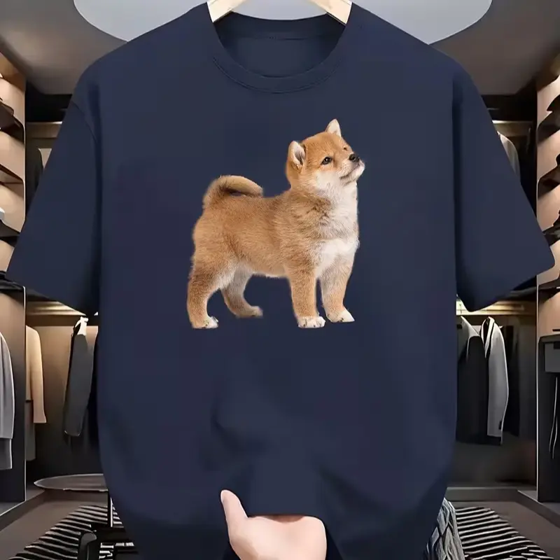 Women's Cotton Breathable Short-Sleeve T-Shirt, Adorable Standing Orange Shiba Inu Puppy Realistic Graphic Tee, Unisex Pet Dog Lover Everyday Casual Summer Top (No Matching Bottom Included)
