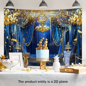 Vintage Blue Curtain Backdrop Golden Stage Backdrop Luxury Chandelier Background Cloth Glam Tapestry Wall Hanging Photography Background Polyester Fiber Party Event Studio Photography Decor Studio Prop Wall Scene