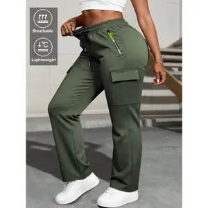 Women's Spring & Fall Cargo Pants – Zipper Pocket Drawstring Elastic Waist, Lightweight Breathable Casual Trousers with Utility Pockets for Daily Wear – Multiple Colors