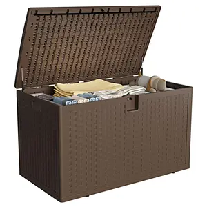 Garvee 120 Gallon Outdoor Storage Box – Large Waterproof & Lockable Resin Deck Organizer with Sturdy Lid and Side Handles for Patio Furniture, Garden Tools, and Pool Accessories in Brown