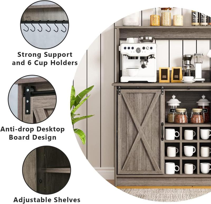 HOMBCK Farmhouse Coffee Bar Cabinet, 47'' Kitchen Bar Cabinet with Sliding Barn Door, Wooden Buffet /Wine Bar Cabinet Organizerwith Open Storage Shelf