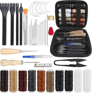 46 count Leather Stitching Sewing Kit,Sewing Tools Kit with 4mm Lacing Stitching Chisel, Waxed Thread and Large-Eye  for Leather Craft Projects DIY Sewing Work