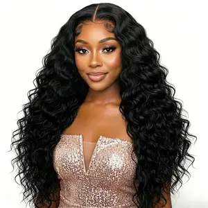 HEFLER Deep Wave Human Hair Wig Mixed Curls Water Wave and Deep Wave Wig 13X4 Glueless HD Transparent Lace Front Pre Everything Drawstring Wigs Pre Cut Lace Pre Plucked Bleached Knots 220% Density Wig
