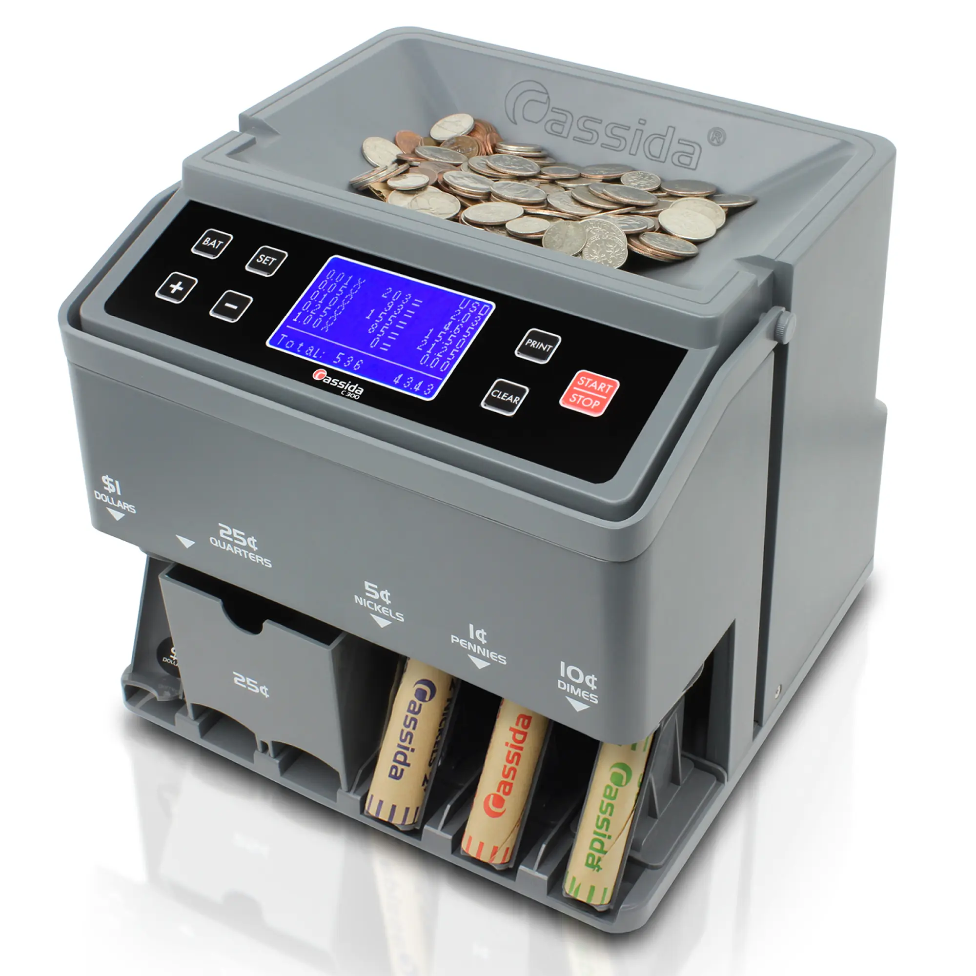 Cassida C300 Coin Counter with QuickLoad Technology 2000-Coin Hopper LCD Display for US Coins Efficiently Counts Sorts Wraps and Prints Receipts
