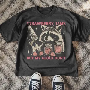 Funny Raccoon Shirt, Trash Panda, Animal Meme, Strawberry Jams Glock, Humor Tee, Sarcastic Top, Vintage Graphic Shirts for Men Women